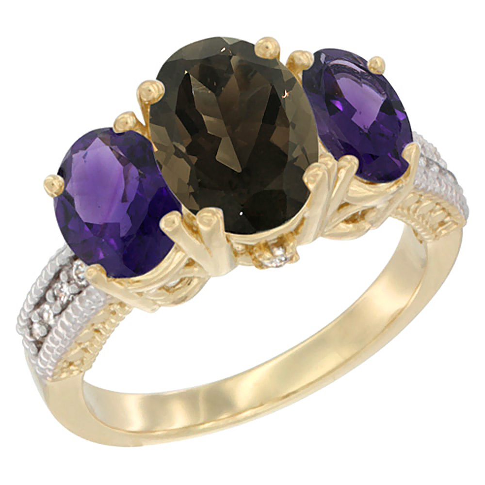 14K Yellow Gold Diamond Natural Smoky Topaz Ring 3-Stone Oval 8x6mm with Amethyst, sizes5-10