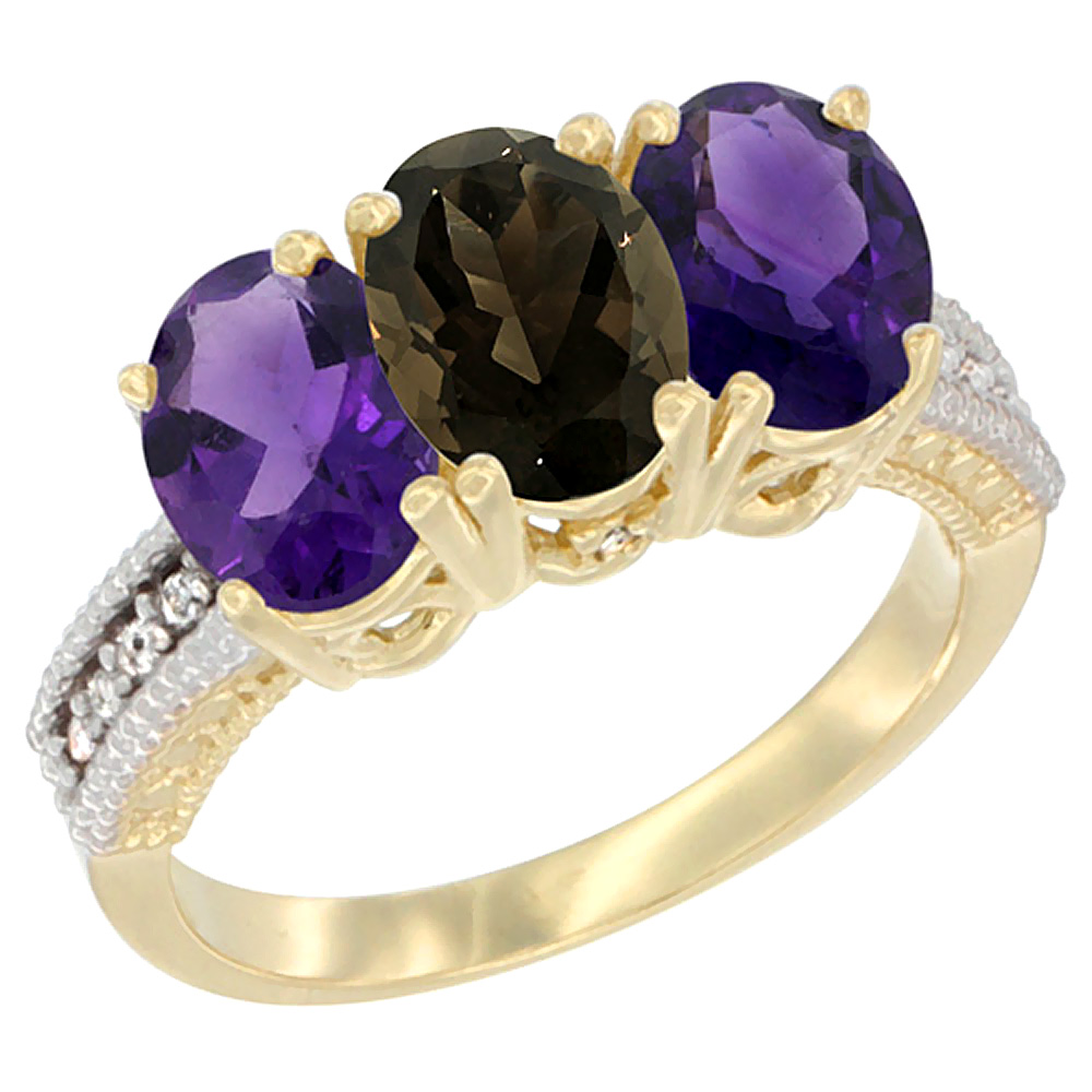 14K Yellow Gold Natural Smoky Topaz & Amethyst Ring 3-Stone 7x5 mm Oval Diamond Accent, sizes 5 - 10