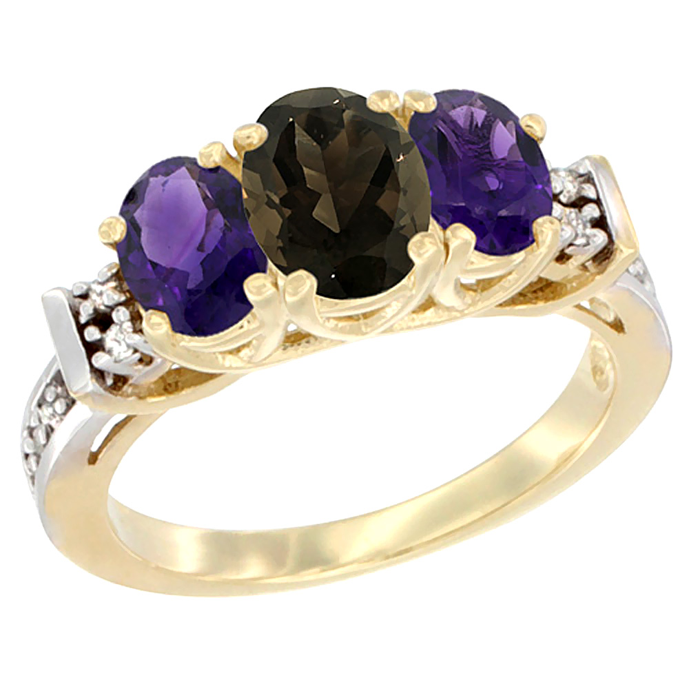 14K Yellow Gold Natural Smoky Topaz &amp; Amethyst Ring 3-Stone Oval Diamond Accent