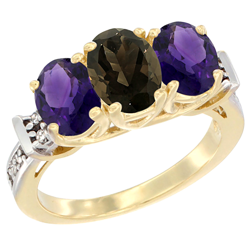 10K Yellow Gold Natural Smoky Topaz &amp; Amethyst Sides Ring 3-Stone Oval Diamond Accent, sizes 5 - 10