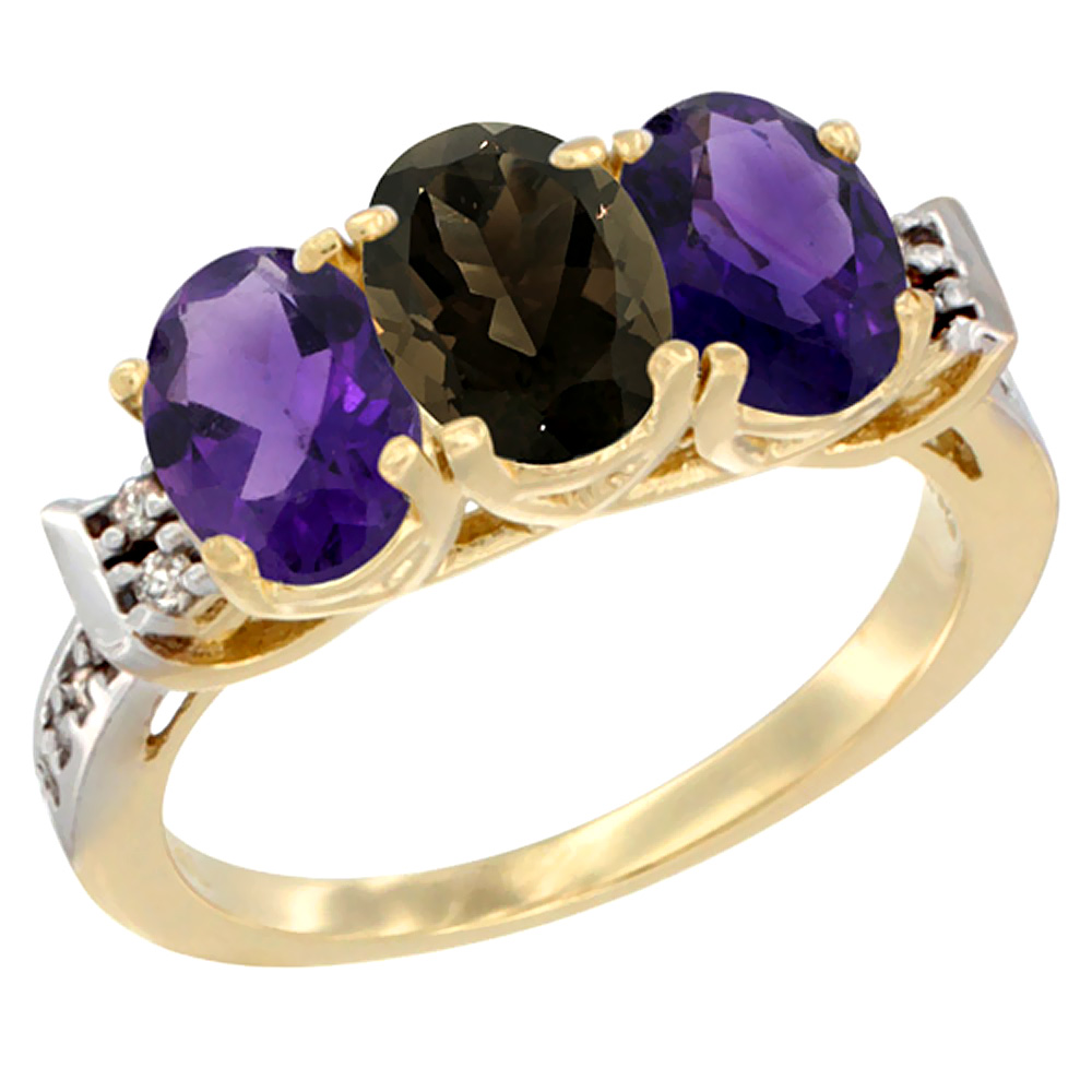 10K Yellow Gold Natural Smoky Topaz &amp; Amethyst Sides Ring 3-Stone Oval 7x5 mm Diamond Accent, sizes 5 - 10