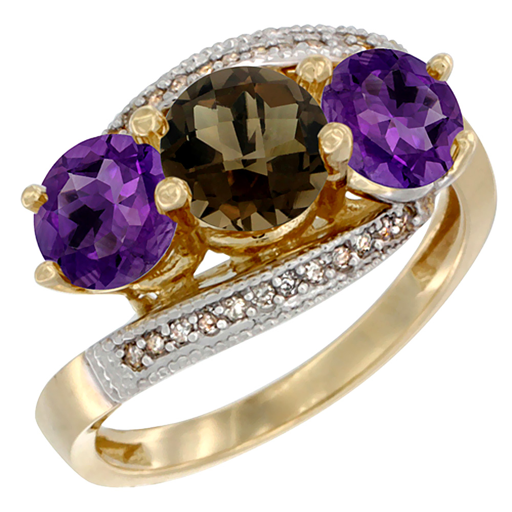 14K Yellow Gold Natural Smoky Topaz & Amethyst Sides 3 stone Ring Round 6mm Diamond Accent, sizes 5 - 10