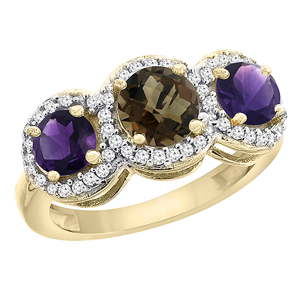 10K Yellow Gold Natural Smoky Topaz & Amethyst Sides Round 3-stone Ring Diamond Accents, sizes 5 - 10