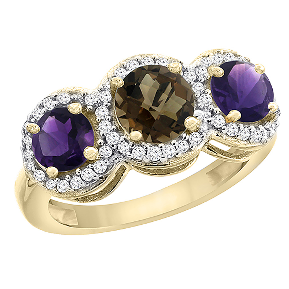 14K Yellow Gold Natural Smoky Topaz &amp; Amethyst Sides Round 3-stone Ring Diamond Accents, sizes 5 - 10