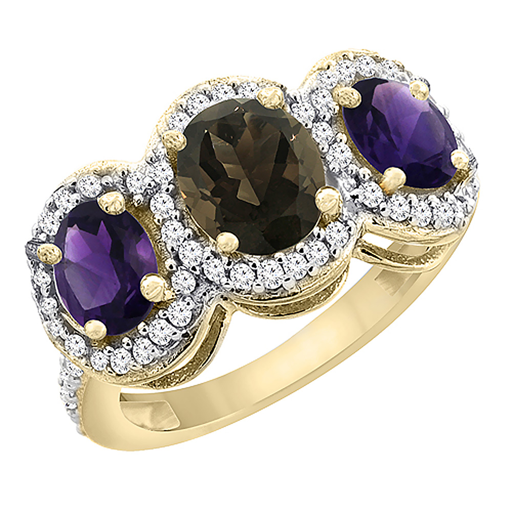 10K Yellow Gold Natural Smoky Topaz & Amethyst 3-Stone Ring Oval Diamond Accent, sizes 5 - 10