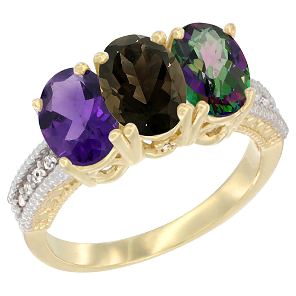 14K Yellow Gold Natural Amethyst, Smoky Topaz & Mystic Topaz Ring 3-Stone 7x5 mm Oval Diamond Accent, sizes 5 - 10