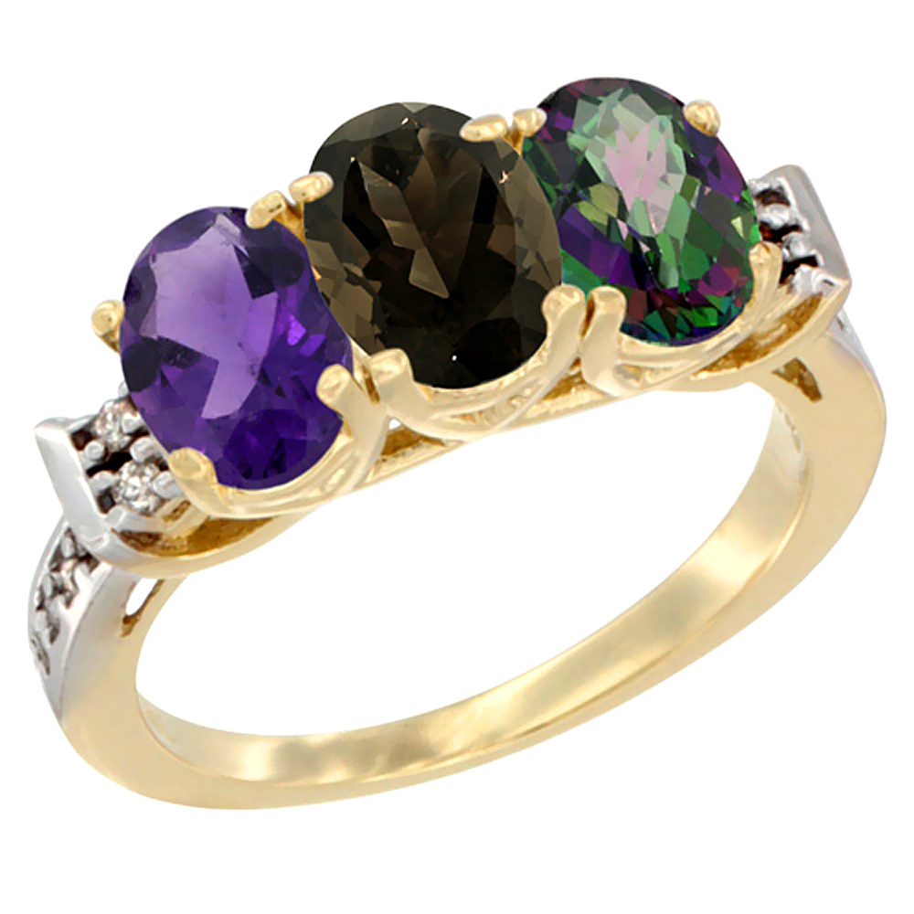 14K Yellow Gold Natural Amethyst, Smoky Topaz & Mystic Topaz Ring 3-Stone 7x5 mm Oval Diamond Accent, sizes 5 - 10