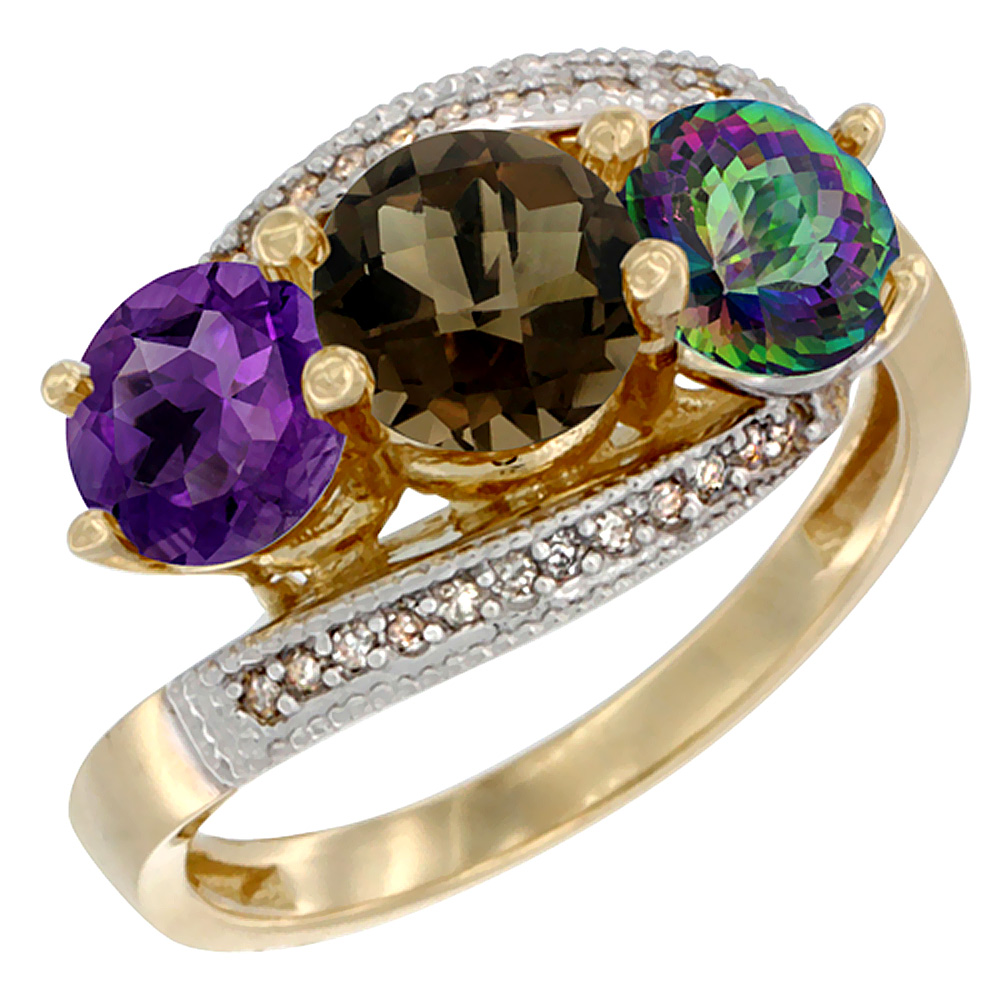 10K Yellow Gold Natural Amethyst, Smoky & Mystic Topaz 3 stone Ring Round 6mm Diamond Accent, sizes 5 - 10