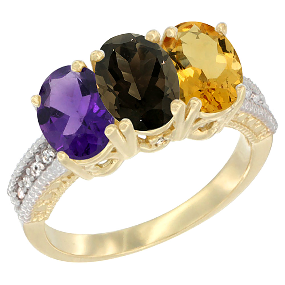 10K Yellow Gold Diamond Natural Amethyst, Smoky Topaz & Citrine Ring Oval 3-Stone 7x5 mm,sizes 5-10