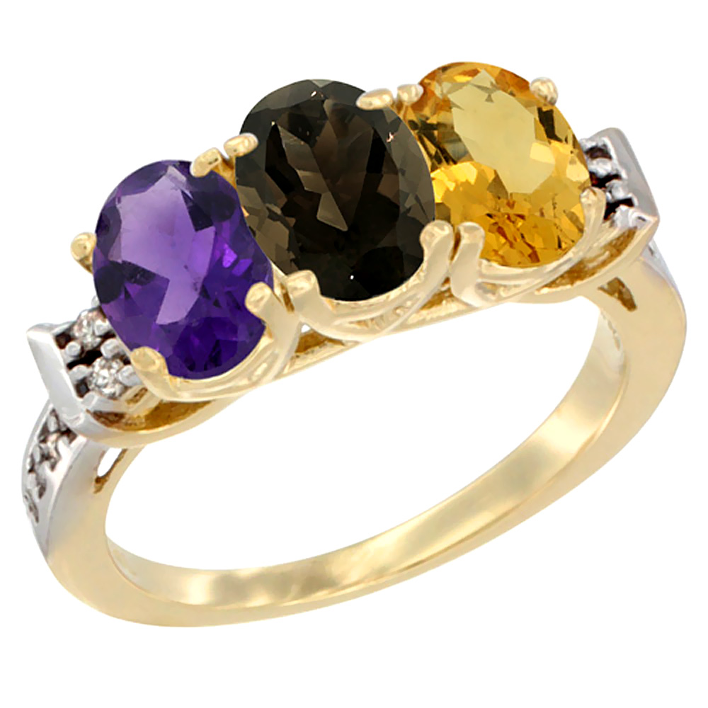 14K Yellow Gold Natural Amethyst, Smoky Topaz & Citrine Ring 3-Stone 7x5 mm Oval Diamond Accent, sizes 5 - 10