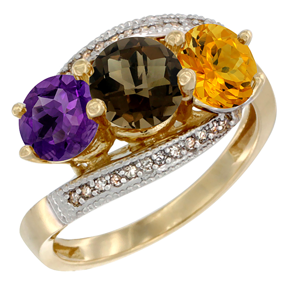 14K Yellow Gold Natural Amethyst, Smoky Topaz & Citrine 3 stone Ring Round 6mm Diamond Accent, sizes 5 - 10