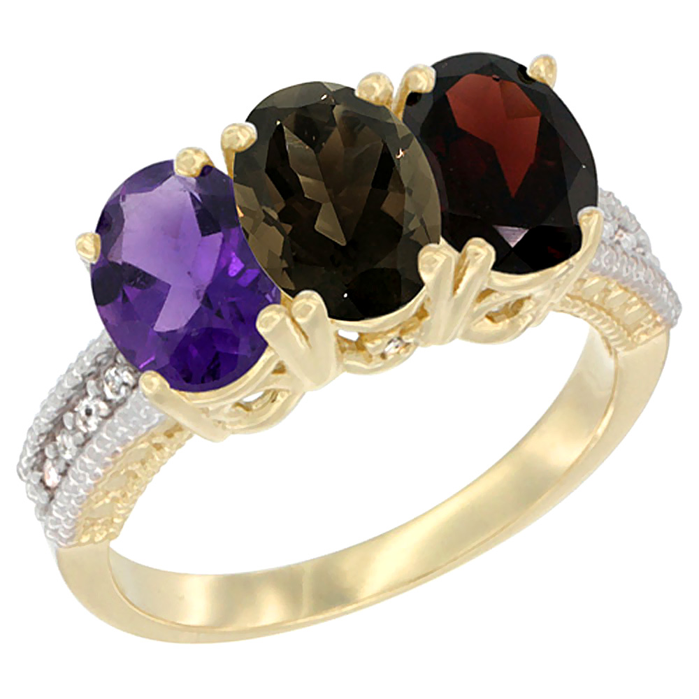 10K Yellow Gold Diamond Natural Amethyst, Smoky Topaz & Garnet Ring Oval 3-Stone 7x5 mm,sizes 5-10