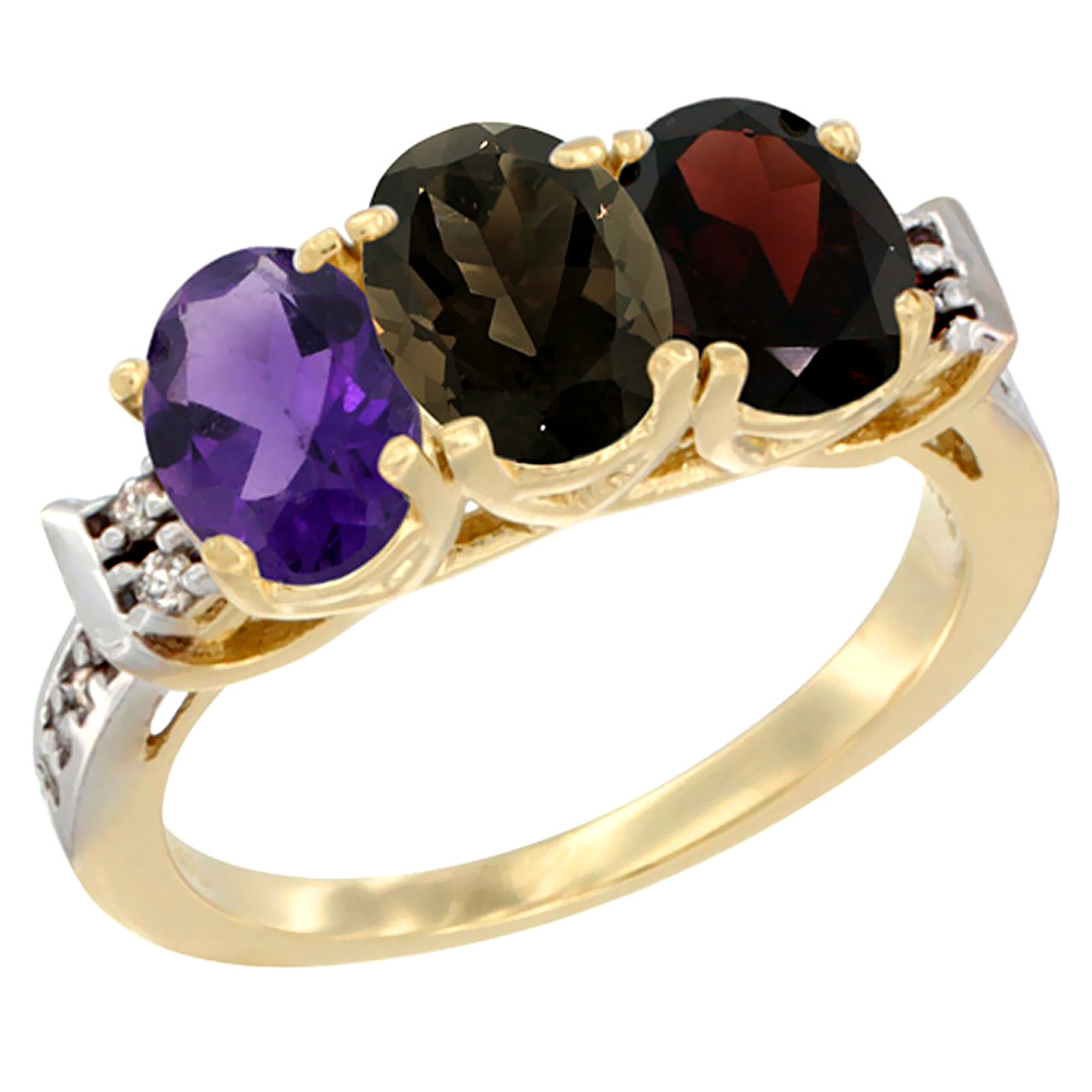 10K Yellow Gold Natural Amethyst, Smoky Topaz &amp; Garnet Ring 3-Stone Oval 7x5 mm Diamond Accent, sizes 5 - 10