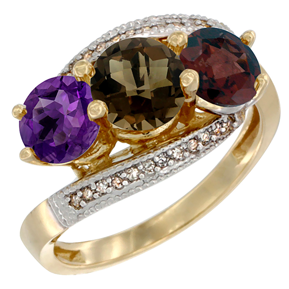 10K Yellow Gold Natural Amethyst, Smoky Topaz & Garnet 3 stone Ring Round 6mm Diamond Accent, sizes 5 - 10