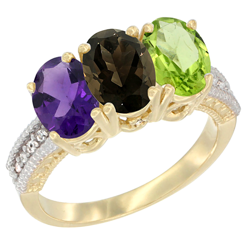 14K Yellow Gold Natural Amethyst, Smoky Topaz & Peridot Ring 3-Stone 7x5 mm Oval Diamond Accent, sizes 5 - 10