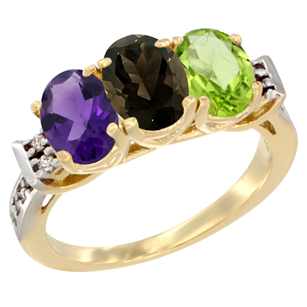 10K Yellow Gold Natural Amethyst, Smoky Topaz & Peridot Ring 3-Stone Oval 7x5 mm Diamond Accent, sizes 5 - 10