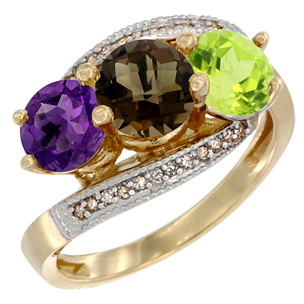 10K Yellow Gold Natural Amethyst, Smoky Topaz & Peridot 3 stone Ring Round 6mm Diamond Accent, sizes 5 - 10