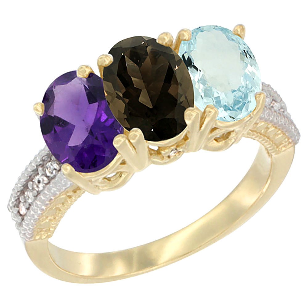 10K Yellow Gold Diamond Natural Amethyst, Smoky Topaz & Aquamarine Ring Oval 3-Stone 7x5 mm,sizes 5-10