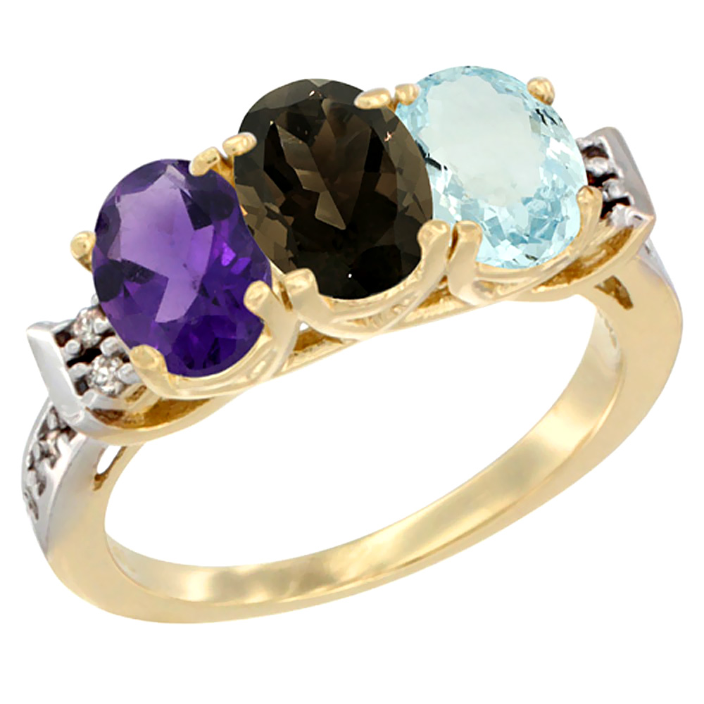 14K Yellow Gold Natural Amethyst, Smoky Topaz &amp; Aquamarine Ring 3-Stone 7x5 mm Oval Diamond Accent, sizes 5 - 10