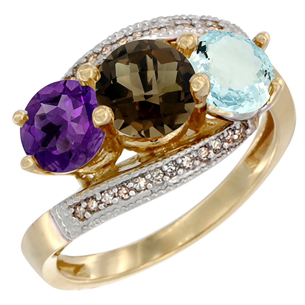 10K Yellow Gold Natural Amethyst, Smoky Topaz & Aquamarine 3 stone Ring Round 6mm Diamond Accent, sizes 5 - 10