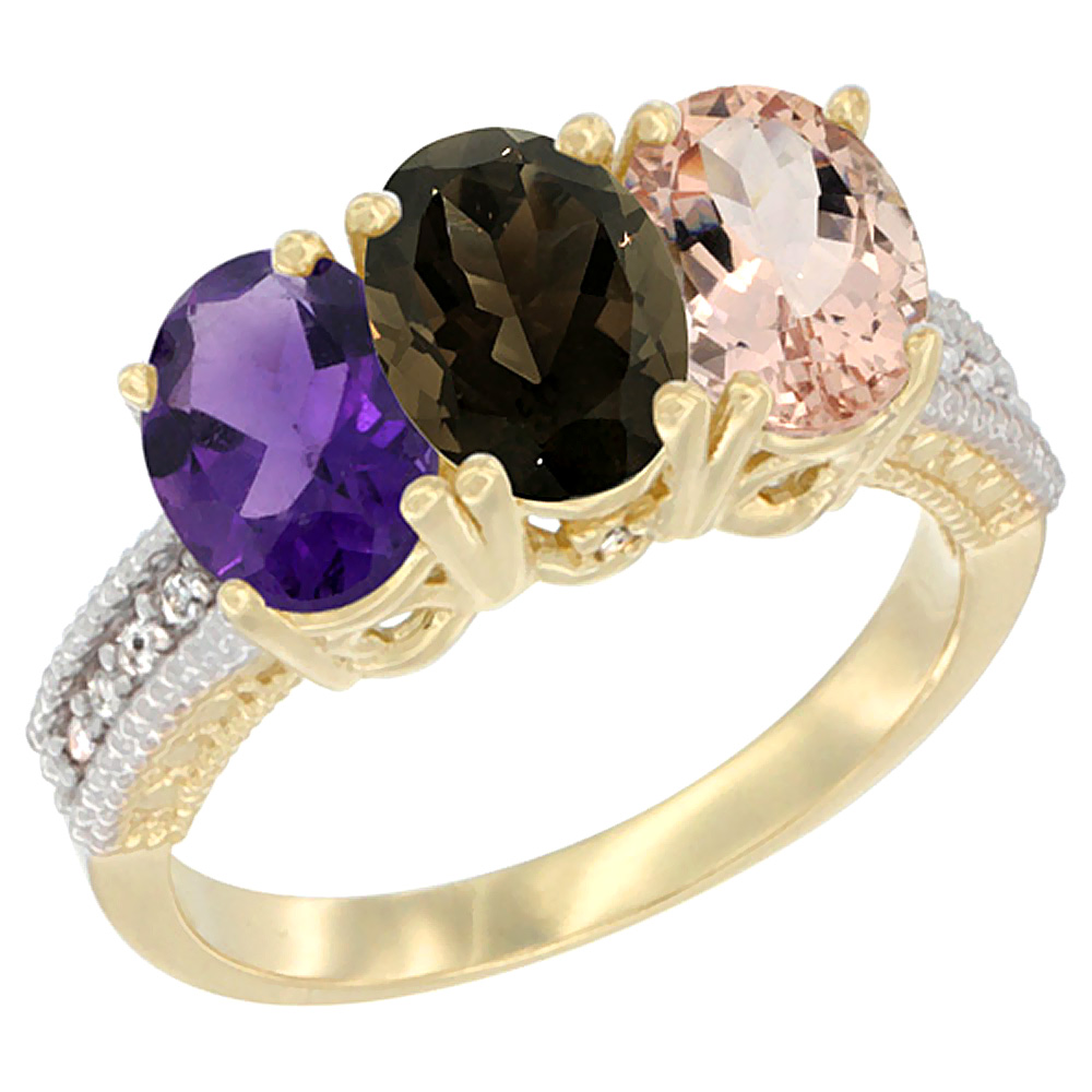 10K Yellow Gold Diamond Natural Amethyst, Smoky Topaz & Morganite Ring Oval 3-Stone 7x5 mm,sizes 5-10