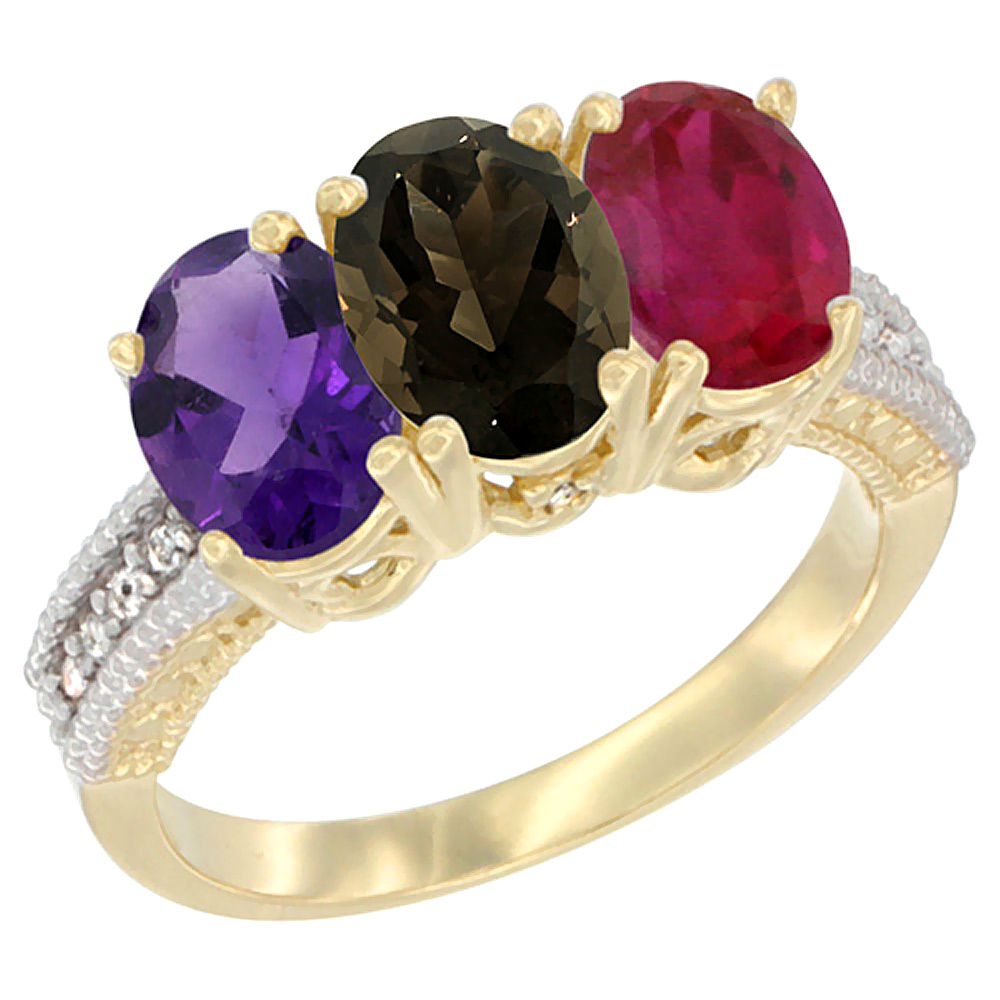 10K Yellow Gold Diamond Natural Amethyst, Smoky Topaz &amp; Enhanced Ruby Ring Oval 3-Stone 7x5 mm,sizes 5-10