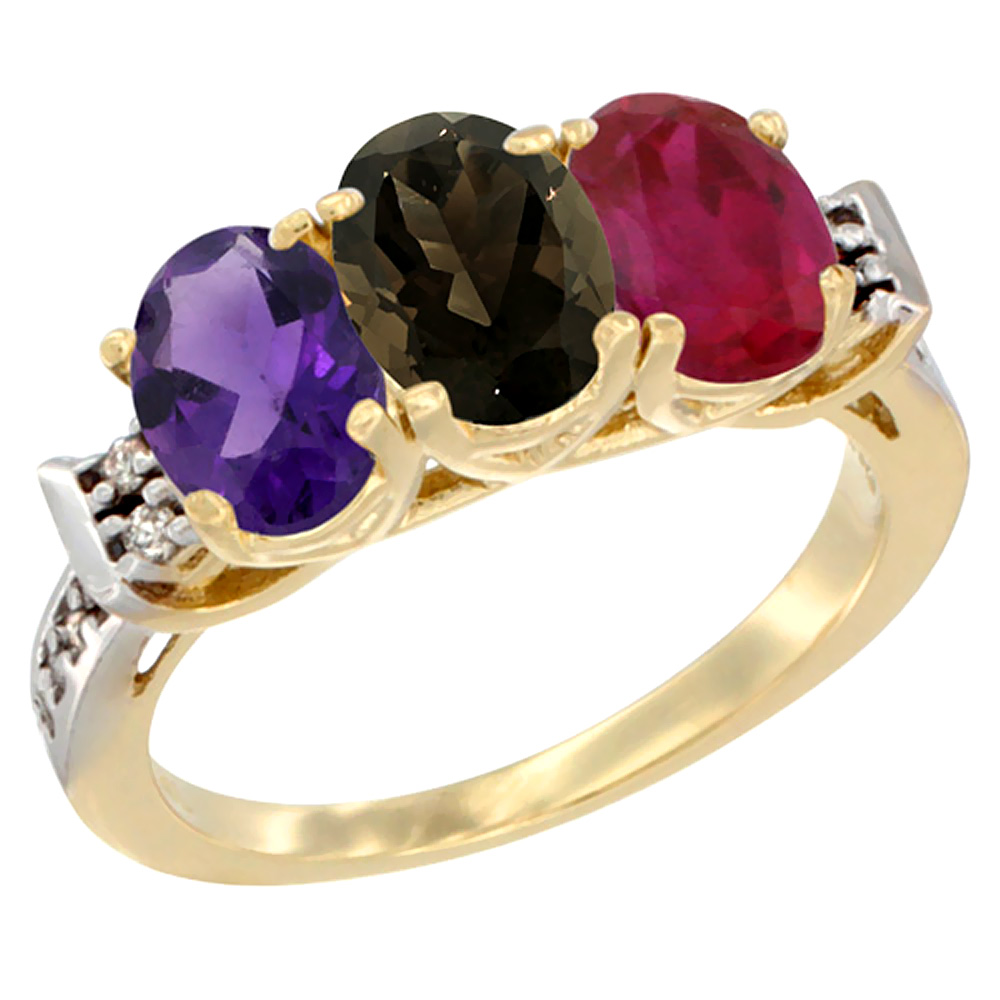 14K Yellow Gold Natural Amethyst, Smoky Topaz & Enhanced Ruby Ring 3-Stone 7x5 mm Oval Diamond Accent, sizes 5 - 10