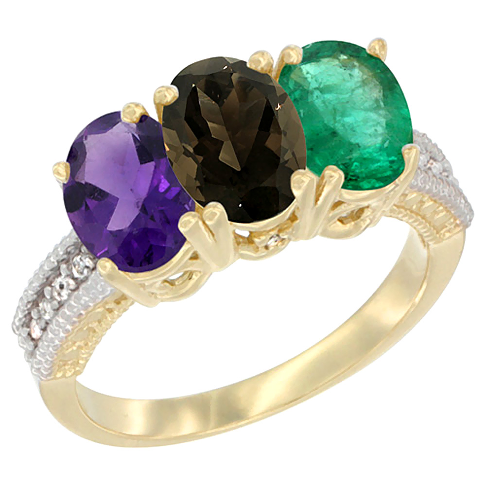 10K Yellow Gold Diamond Natural Amethyst, Smoky Topaz &amp; Emerald Ring Oval 3-Stone 7x5 mm,sizes 5-10