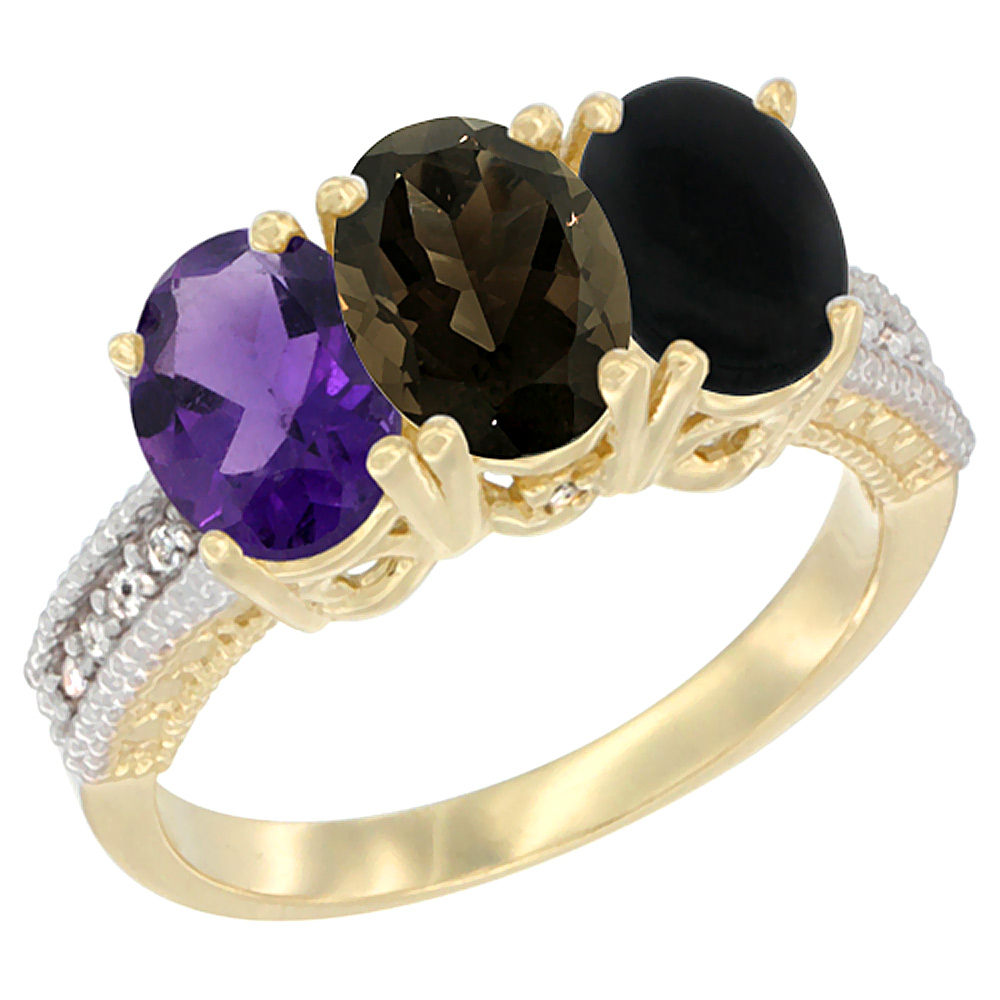 10K Yellow Gold Diamond Natural Amethyst, Smoky Topaz & Black Onyx Ring Oval 3-Stone 7x5 mm,sizes 5-10