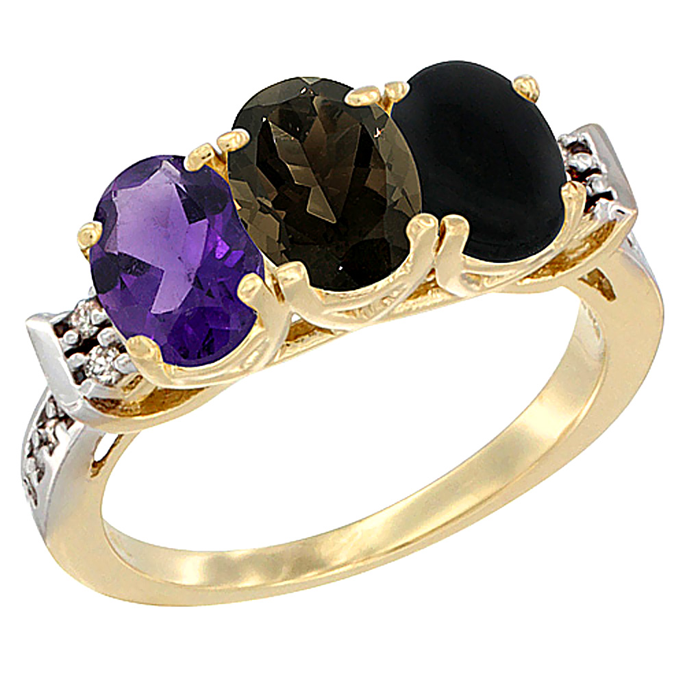 14K Yellow Gold Natural Amethyst, Smoky Topaz &amp; Black Onyx Ring 3-Stone 7x5 mm Oval Diamond Accent, sizes 5 - 10