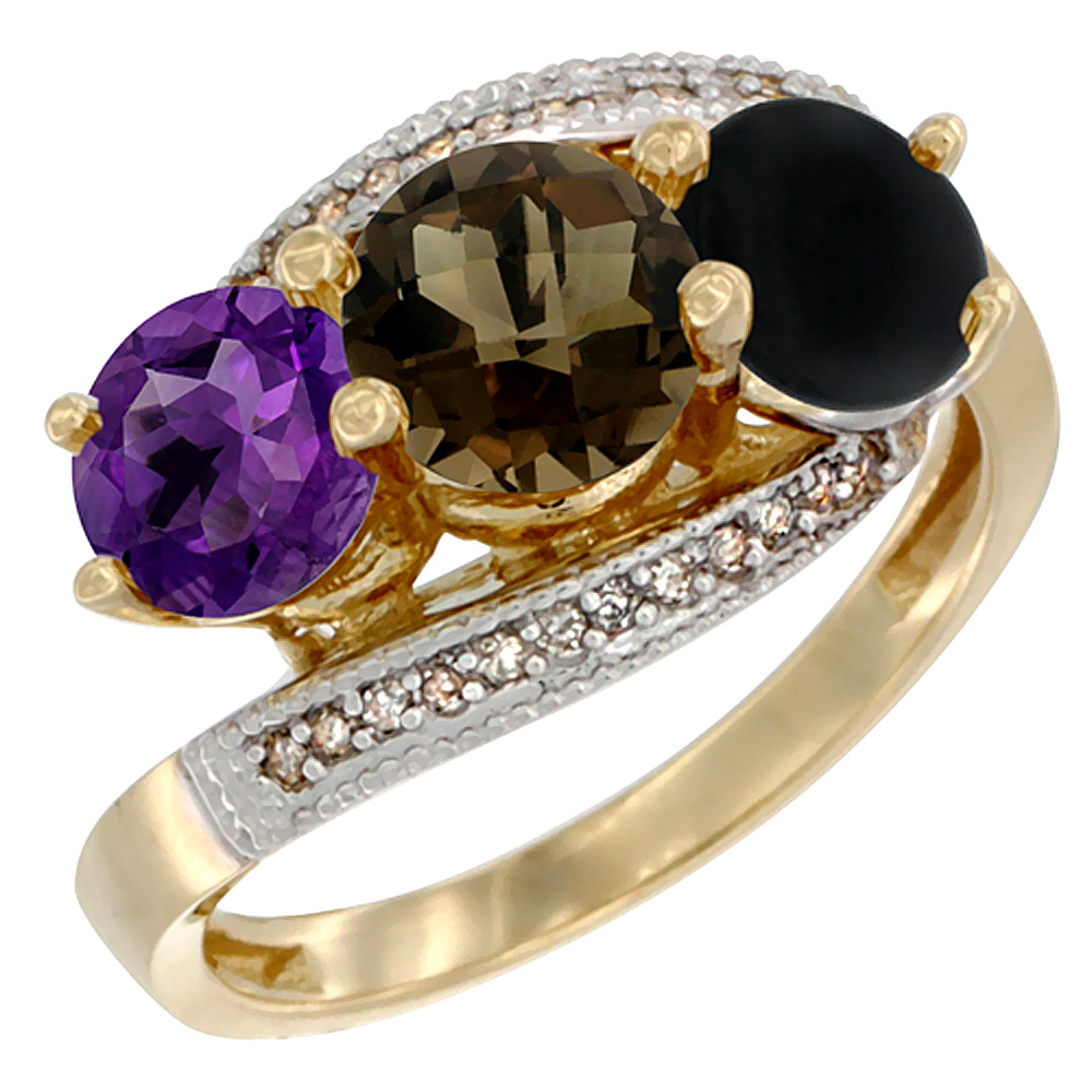 10K Yellow Gold Natural Amethyst, Smoky Topaz & Black Onyx 3 stone Ring Round 6mm Diamond Accent, sizes 5 - 10