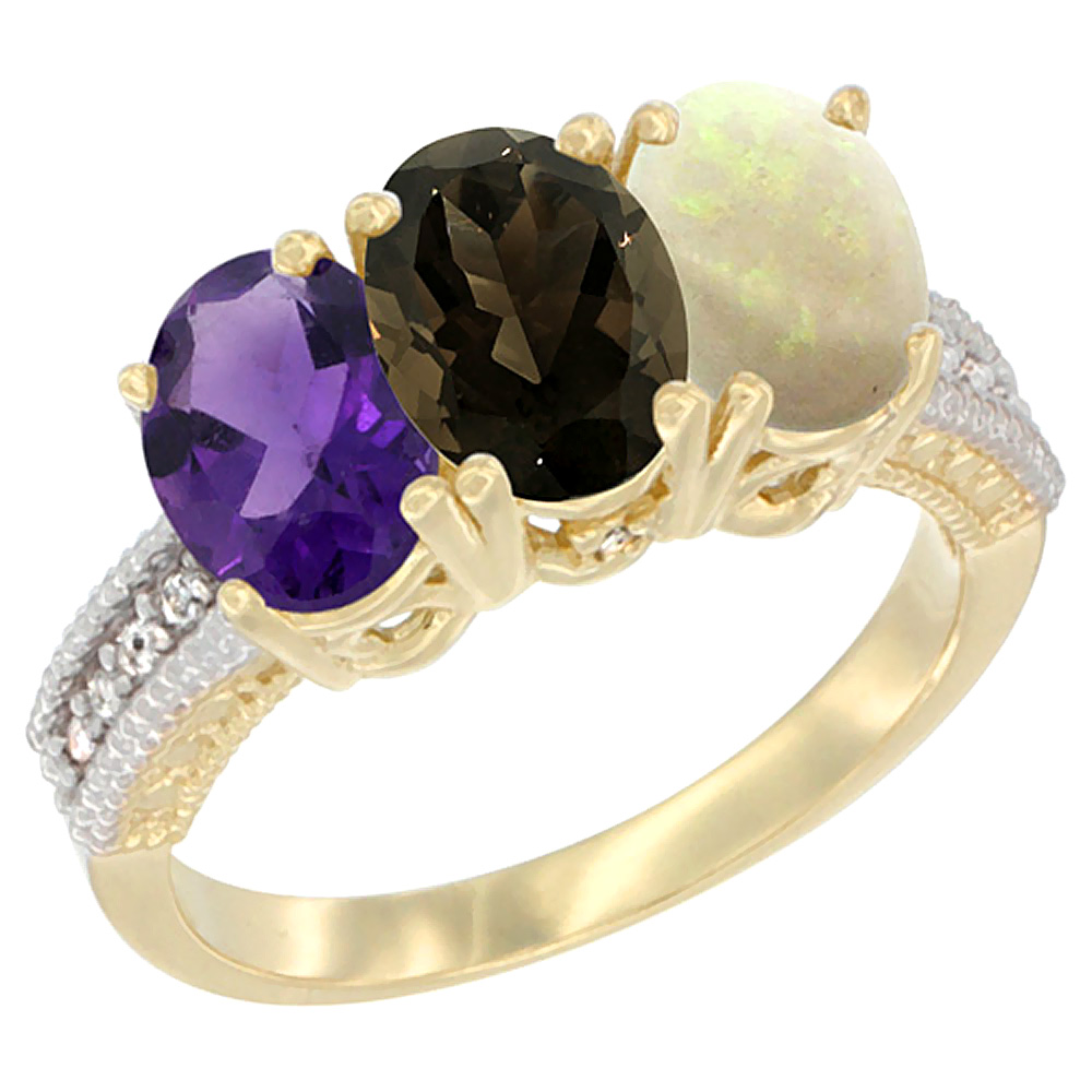 10K Yellow Gold Diamond Natural Amethyst, Smoky Topaz & Opal Ring Oval 3-Stone 7x5 mm,sizes 5-10