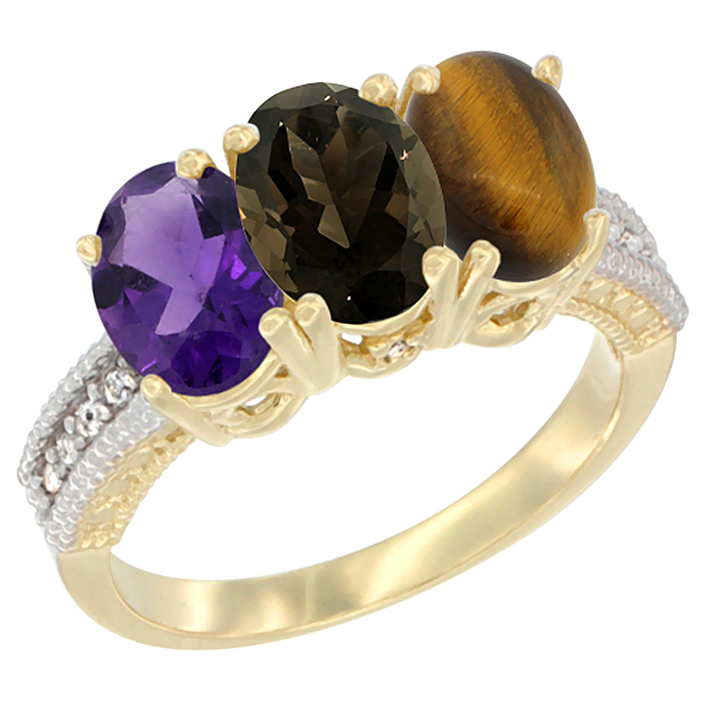 14K Yellow Gold Natural Amethyst, Smoky Topaz &amp; Tiger Eye Ring 3-Stone 7x5 mm Oval Diamond Accent, sizes 5 - 10