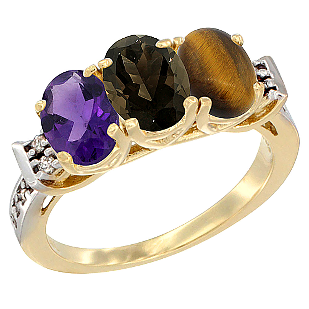 14K Yellow Gold Natural Amethyst, Smoky Topaz & Tiger Eye Ring 3-Stone 7x5 mm Oval Diamond Accent, sizes 5 - 10