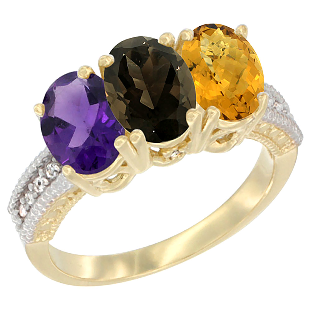 10K Yellow Gold Diamond Natural Amethyst, Smoky Topaz &amp; Whisky Quartz Ring Oval 3-Stone 7x5 mm,sizes 5-10