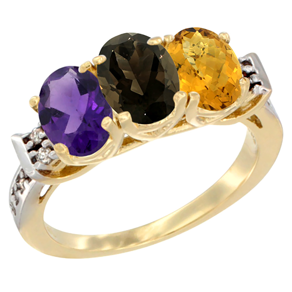 14K Yellow Gold Natural Amethyst, Smoky Topaz & Whisky Quartz Ring 3-Stone 7x5 mm Oval Diamond Accent, sizes 5 - 10