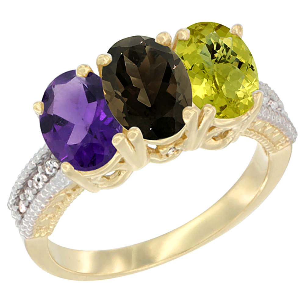 14K Yellow Gold Natural Amethyst, Smoky Topaz &amp; Lemon Quartz Ring 3-Stone 7x5 mm Oval Diamond Accent, sizes 5 - 10