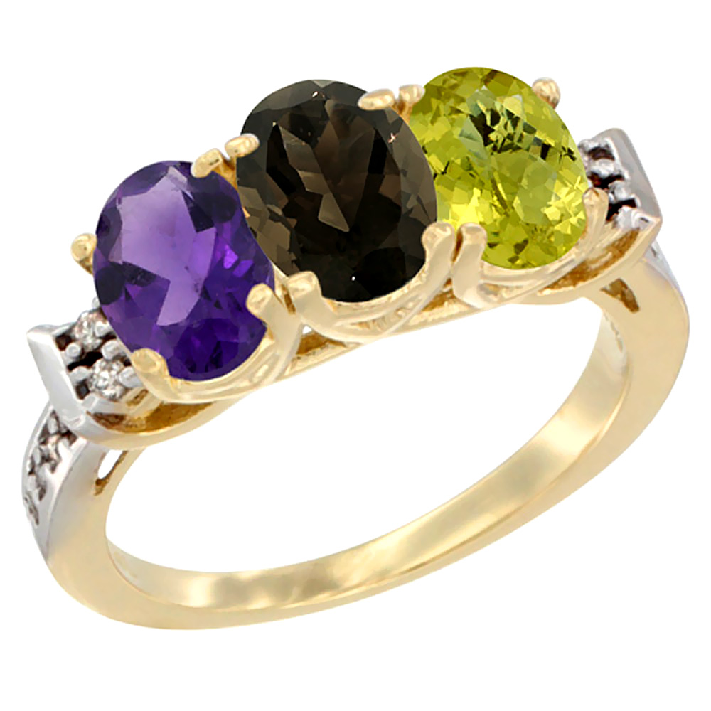 10K Yellow Gold Natural Amethyst, Smoky Topaz &amp; Lemon Quartz Ring 3-Stone Oval 7x5 mm Diamond Accent, sizes 5 - 10