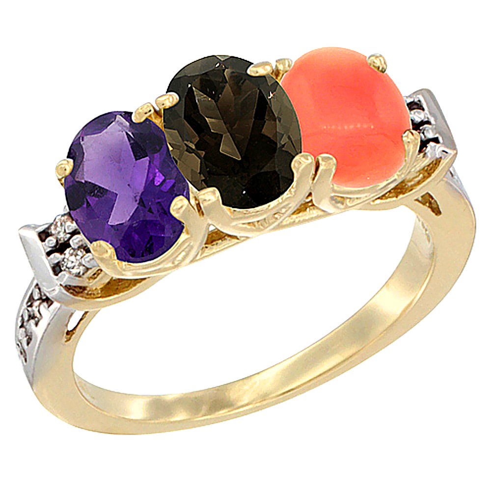 14K Yellow Gold Natural Amethyst, Smoky Topaz & Coral Ring 3-Stone 7x5 mm Oval Diamond Accent, sizes 5 - 10