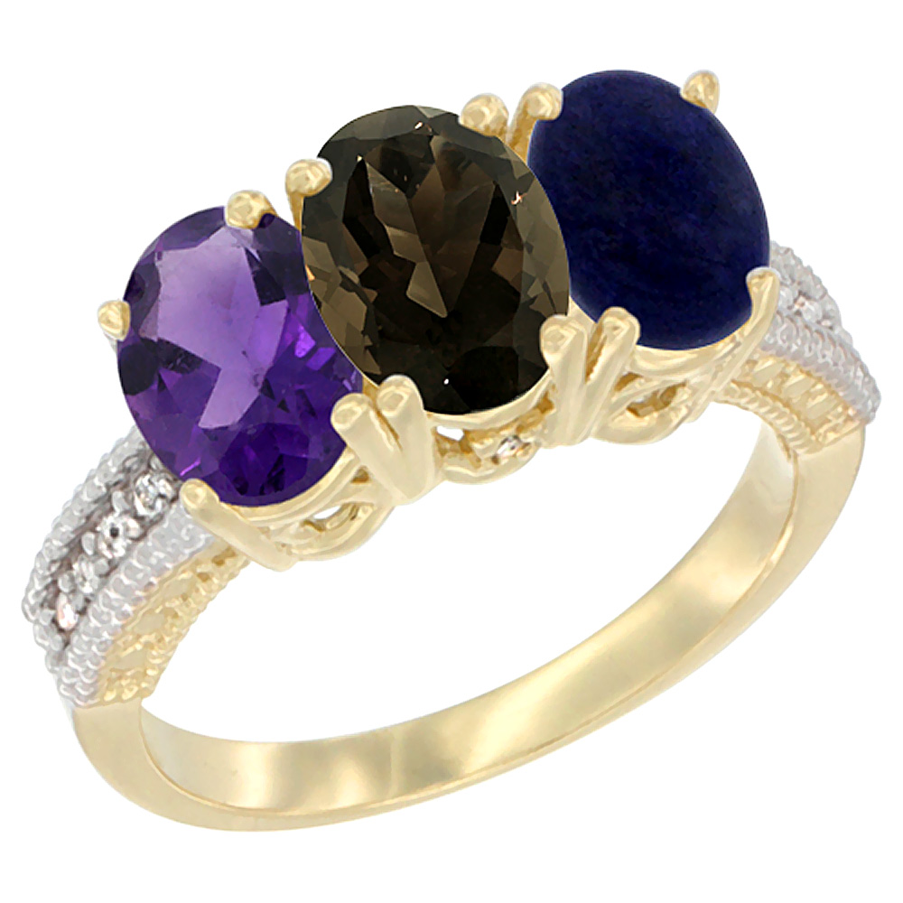 14K Yellow Gold Natural Amethyst, Smoky Topaz & Lapis Ring 3-Stone 7x5 mm Oval Diamond Accent, sizes 5 - 10
