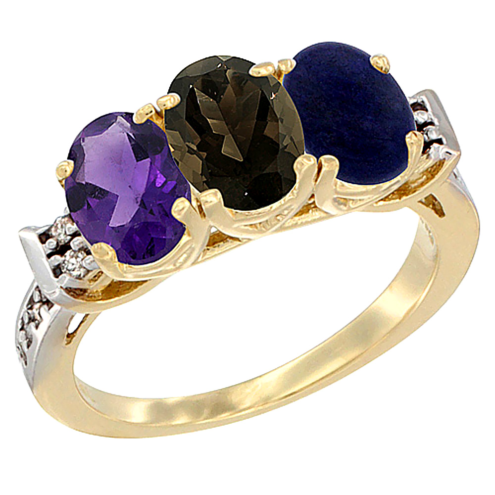 14K Yellow Gold Natural Amethyst, Smoky Topaz & Lapis Ring 3-Stone 7x5 mm Oval Diamond Accent, sizes 5 - 10