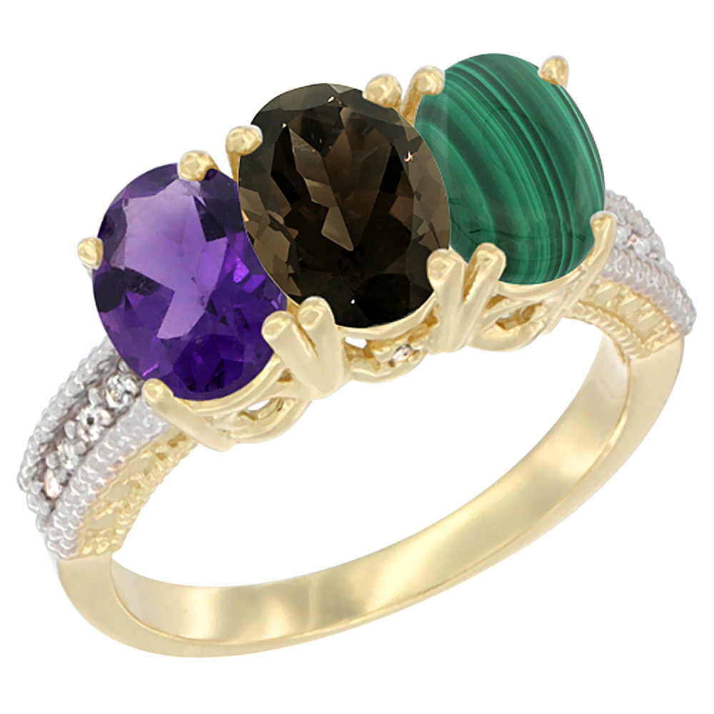 14K Yellow Gold Natural Amethyst, Smoky Topaz & Malachite Ring 3-Stone 7x5 mm Oval Diamond Accent, sizes 5 - 10