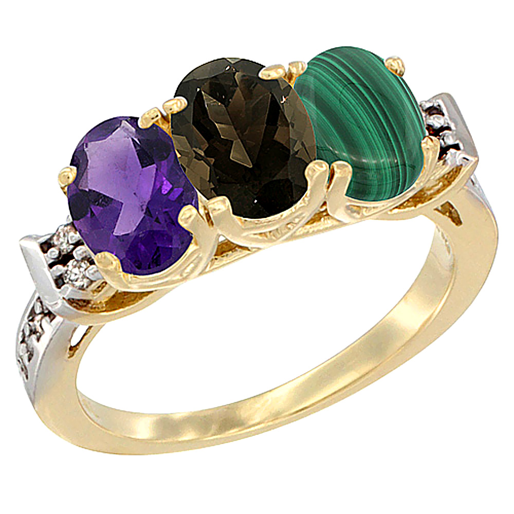 14K Yellow Gold Natural Amethyst, Smoky Topaz &amp; Malachite Ring 3-Stone 7x5 mm Oval Diamond Accent, sizes 5 - 10