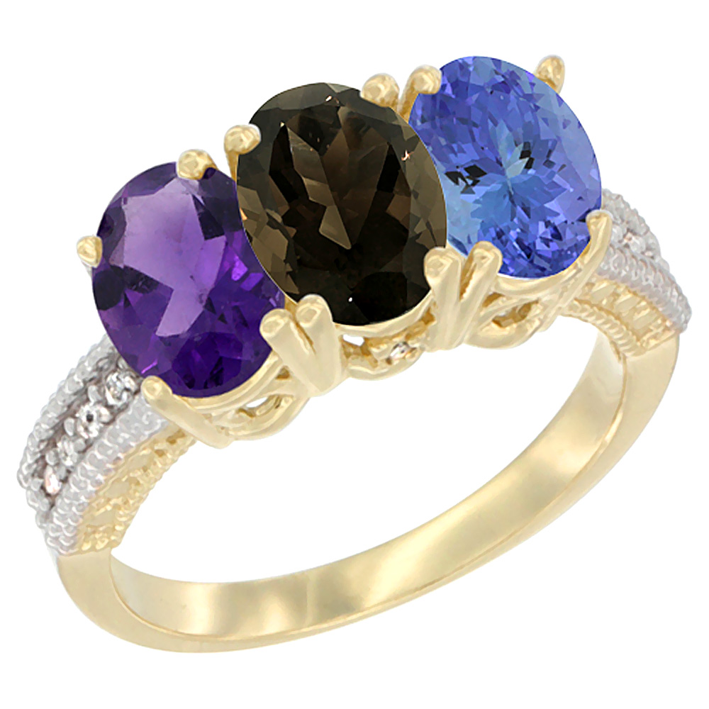 14K Yellow Gold Natural Amethyst, Smoky Topaz & Tanzanite Ring 3-Stone 7x5 mm Oval Diamond Accent, sizes 5 - 10