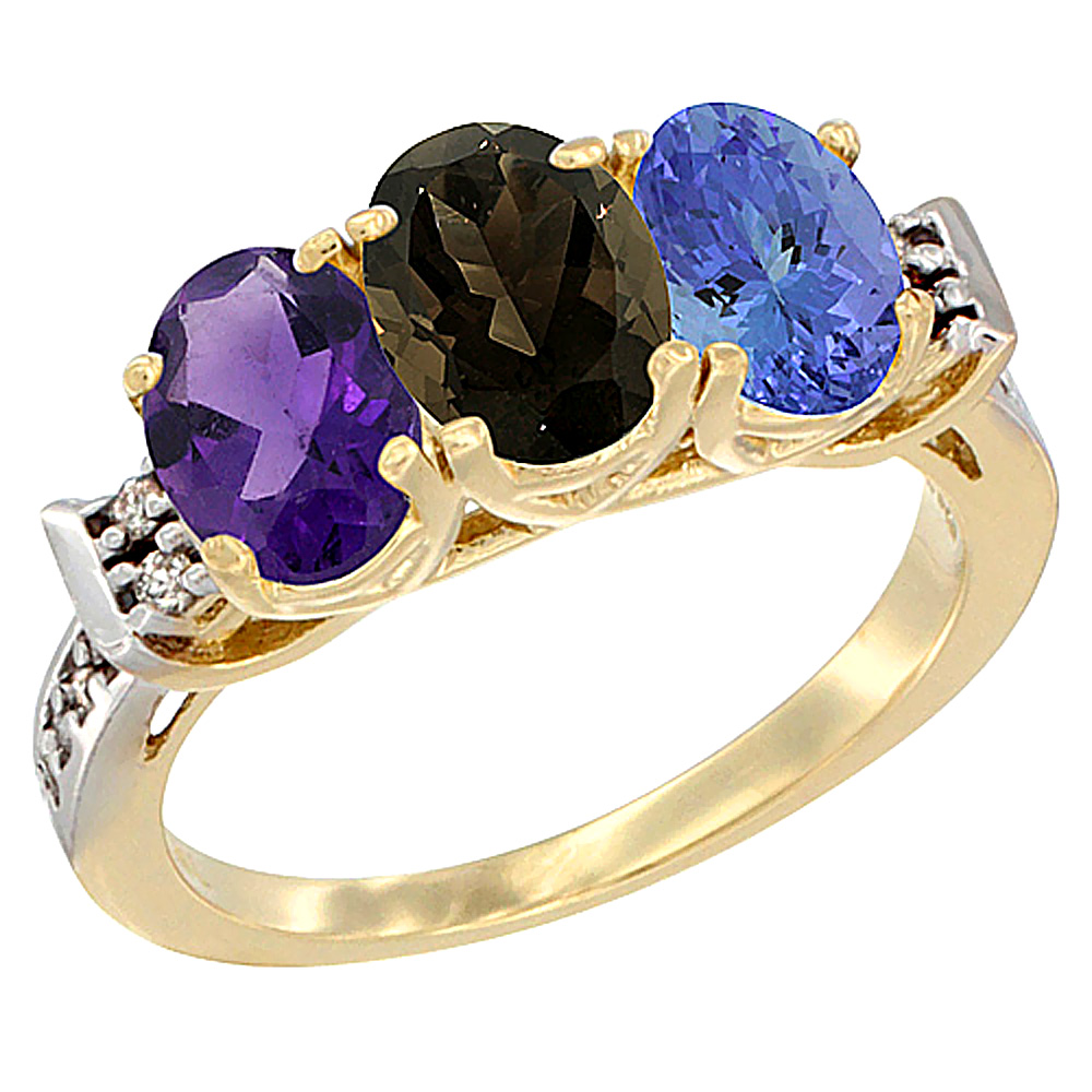 14K Yellow Gold Natural Amethyst, Smoky Topaz &amp; Tanzanite Ring 3-Stone 7x5 mm Oval Diamond Accent, sizes 5 - 10