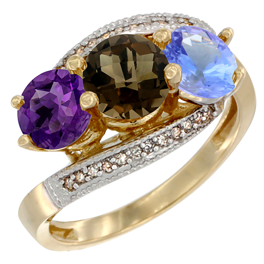 14K Yellow Gold Natural Amethyst, Smoky Topaz &amp; Tanzanite 3 stone Ring Round 6mm Diamond Accent, sizes 5 - 10