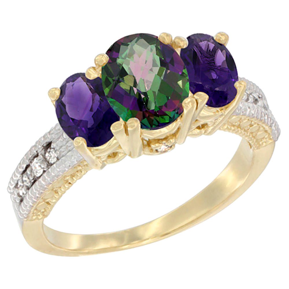 10K Yellow Gold Diamond Natural Mystic Topaz Ring Oval 3-stone with Amethyst, sizes 5 - 10