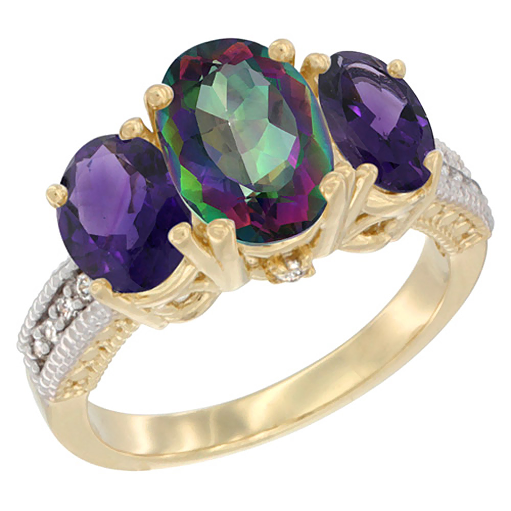10K Yellow Gold Diamond Natural Mystic Topaz Ring 3-Stone Oval 8x6mm with Amethyst, sizes5-10