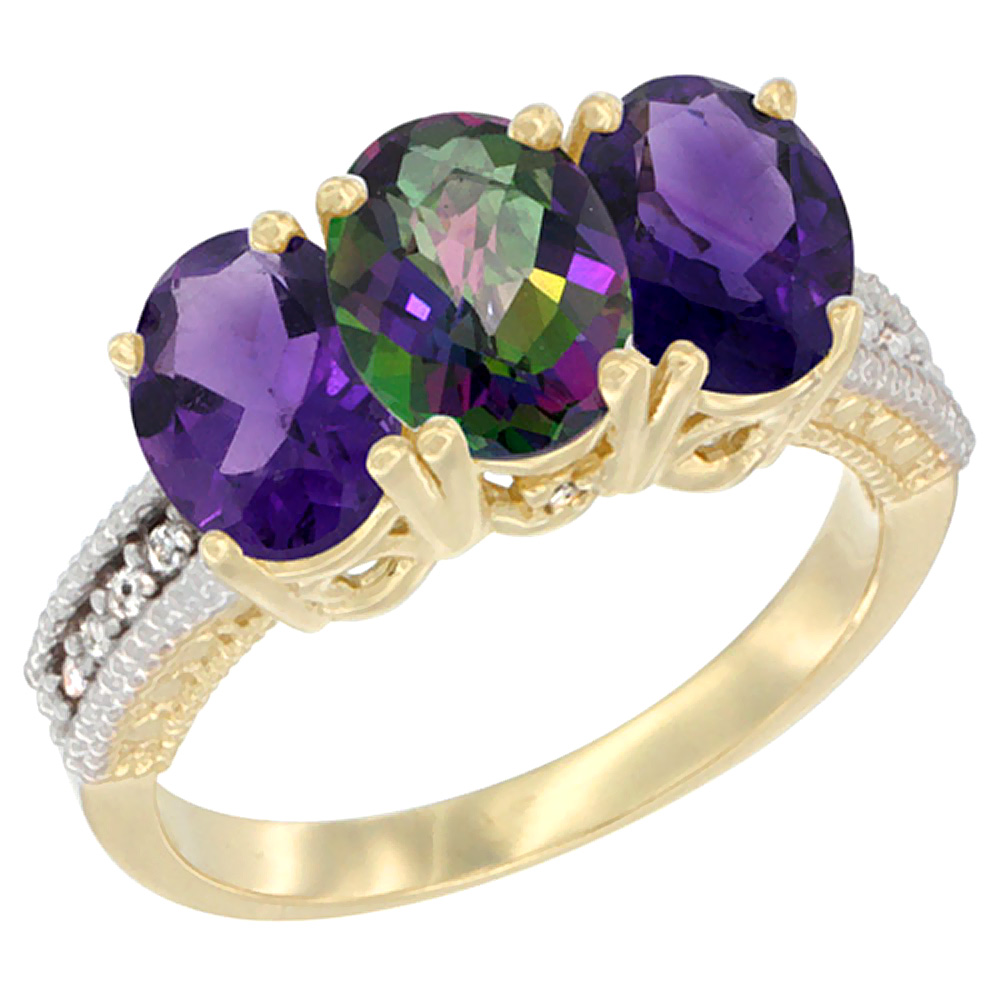 10K Yellow Gold Diamond Natural Mystic Topaz & Amethyst Ring Oval 3-Stone 7x5 mm,sizes 5-10