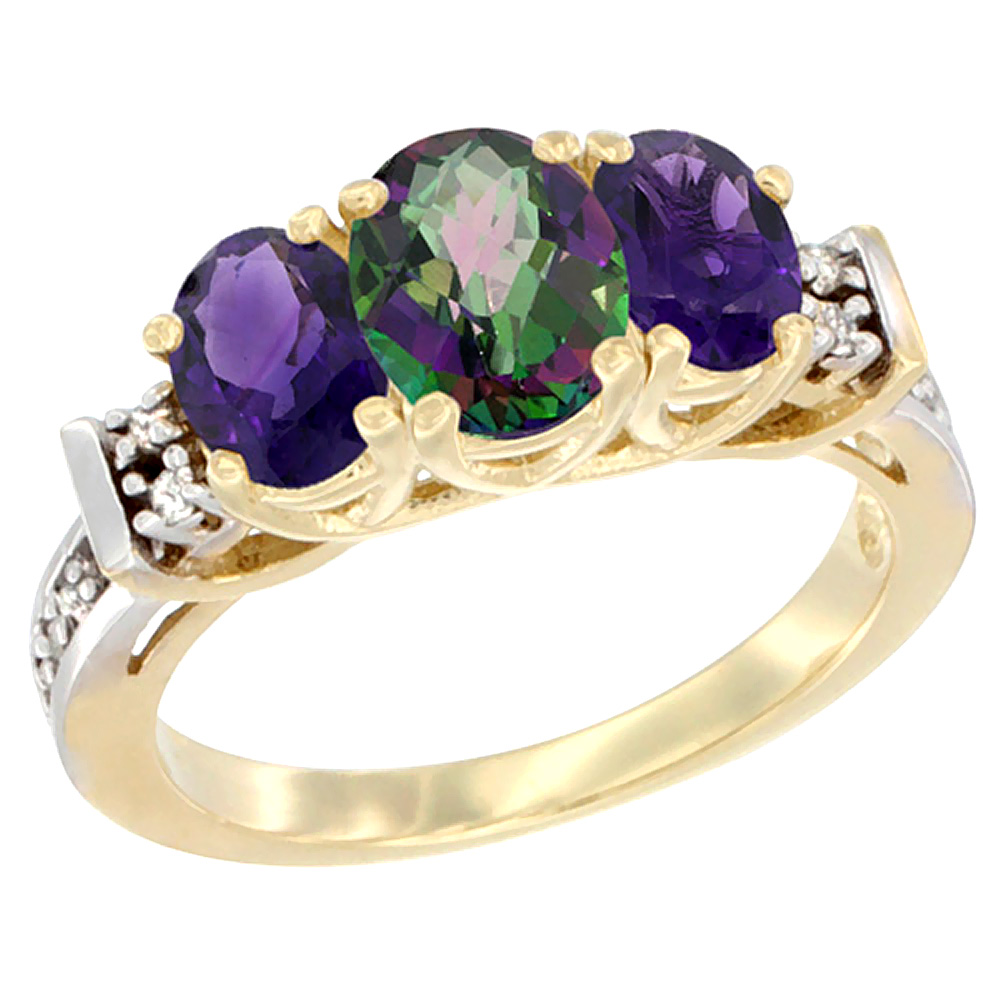 14K Yellow Gold Natural Mystic Topaz &amp; Amethyst Ring 3-Stone Oval Diamond Accent